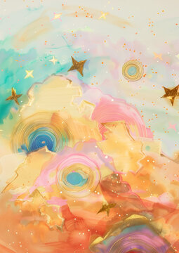 cute abstract background with clouds and stars in oilpaint style