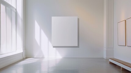 Create your masterpiece in this empty white room with a blank canvas poster mockup on the white wall, using our modern and neutral template to showcase your art