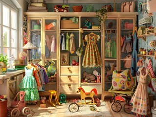 Whimsical Display of Handmade Toys and Children's Clothing in a Cozy,Nostalgic Room Interior