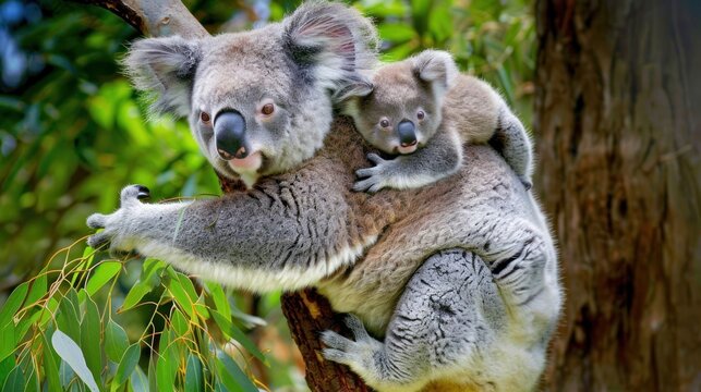 Portrait lovely mother koala with baby hug on her back sitting on tree branch. AI generated image