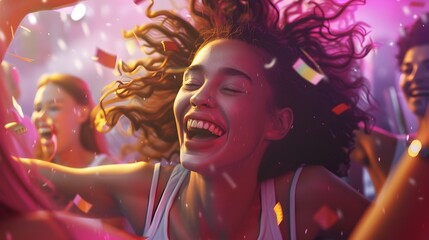 Young Woman Gleefully Dancing and Laughing with Friends at an Upbeat Energetic Party