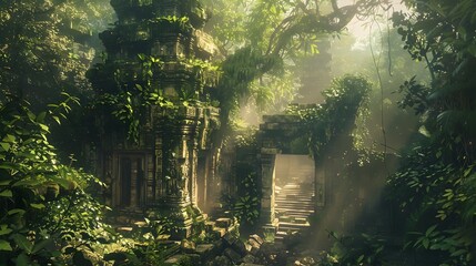 Mystical Overgrown Ruins in Lush Jungle Landscape with Sunlight Filtering Through Foliage