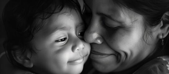 Monochrome portrait of Mexican mother and child share a close, joyful moment