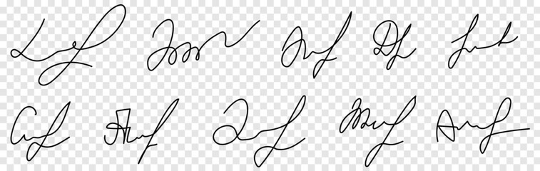 Set of fake hand written autograph. Different example signatures isolated on transparent background