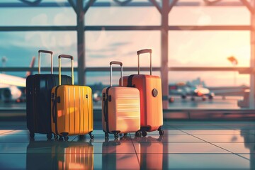 Golden hour getaway, luggage awaits departure at bustling airport terminal