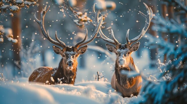 Illustration noble deer male animal in winter snow forest season landscape. AI generated image