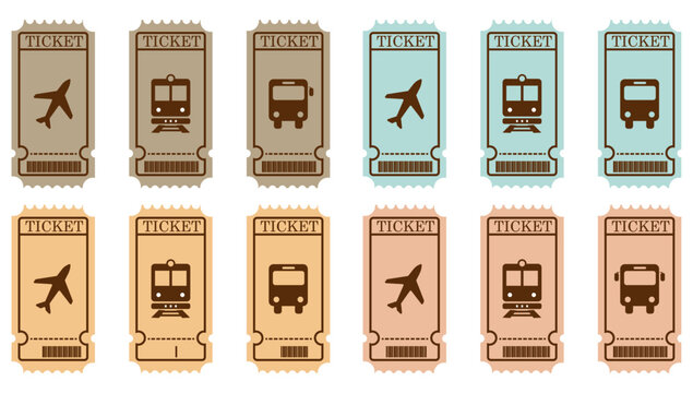 Travel ticket template for train pass, plane and bus vector illustration. Isolated on transparent.