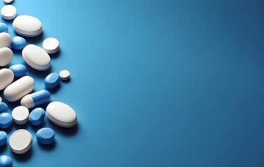 Abstract blue medical and pharmaceutical background design with pills, Pile of pills sitting on top of a blue table