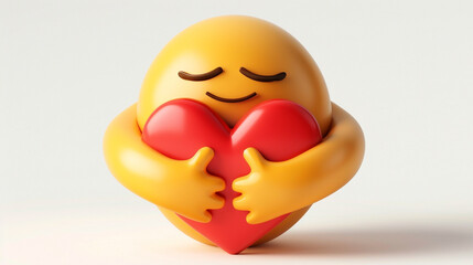 Care emoji yellow face emoticon with closed eyes hugging a red heart with both hands showing care, support, and presence on isolated white background