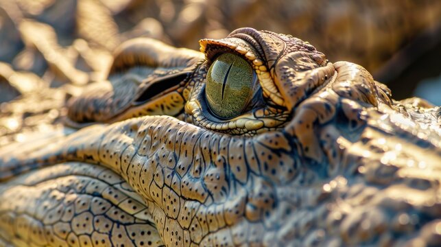 Close up macro detail view of crocodile eye texture. AI generated image