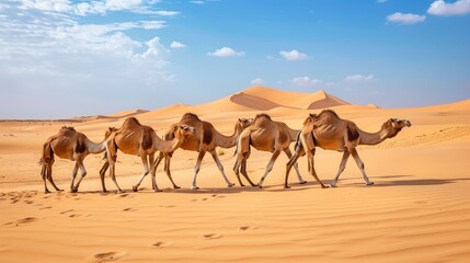 Group of many camels animal walking together in warm sand desert. AI generated image