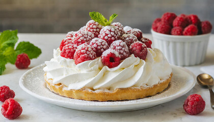 Pie with whipped cream and fresh raspberries on white table. Tasty dessert with berries. Sweet food.