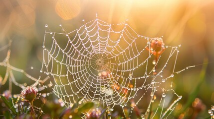Spider web covered in dew drops in the morning, Spider web in the morning dew. - Powered by Adobe