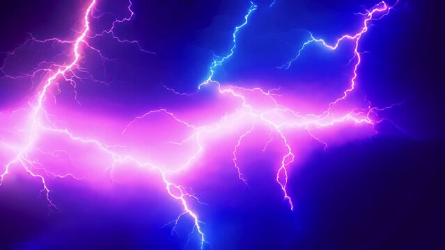 Lightning flash neon colors. Flashing. collision red and blue background, versus footage seamless loop. Powerful colored lightnings and the flash from the collision. Confrontation concept, competition