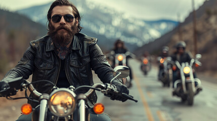 A man with a beard and sunglasses is riding a motorcycle with other people on the road. Scene is adventurous and exciting. a group of chopper motorcyclists. Riders dressed in black leather jackets. - obrazy, fototapety, plakaty