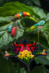 A Detailed Artistic Illustration of Butterfly Life Cycle: From Egg, Larva, Pupa to Adult Butterfly