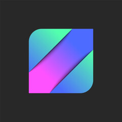 Square shape logo 3d effect shadows, geometric form from three parallel sectors, vibrant colorful gradient layers surfaces, creative identity emblem with overlapping levels.