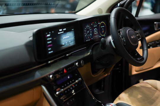 Bangkok, Thailand - 5th April 2024:  Kia , Electric car interior view on display at the Motor Show 2024.