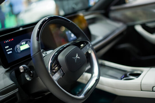 Bangkok, Thailand - 5th April 2024:  XPeng P7i sports sedan 100%electric car interior view on display at the Motor Show 2024.