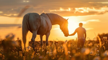 Silhouette of man holding her lovely horse on meadow at golden sunset view background. AI generated - obrazy, fototapety, plakaty