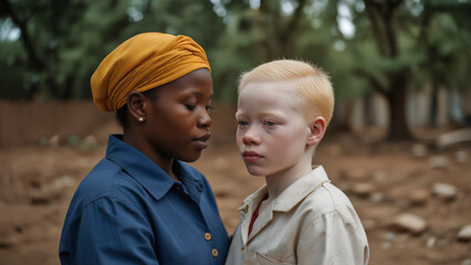 Fototapeta premium Black woman cares for an abandoned child with albinism
