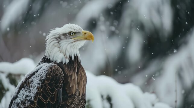 Bald eagle bird animal on the white snow winter natural background. AI generated image