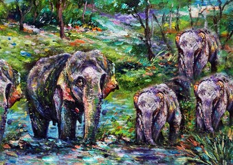 Art painting Oil color Elephant family thailand	