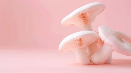 Mushrooms A photorealistic illustration against pastel pastel pink background with copy space for text or logo, beautifully illuminated by studio lighting 