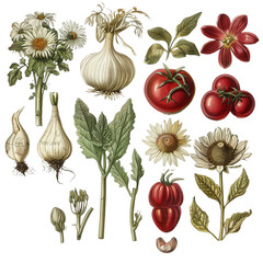 Ancient botanical illustrations with various vegetables  png