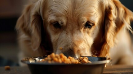 Portrait a dog eats dry food in a bowl at home. AI generated image