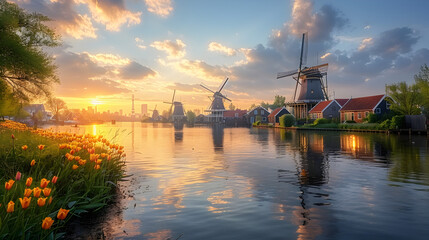 Landscape with Tulips and Traditional Dutch Windmill ,
Stormy clouds looming over dutch windmills at dusk - obrazy, fototapety, plakaty