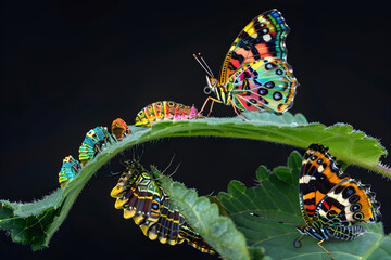 A Detailed Artistic Illustration of Butterfly Life Cycle: From Egg, Larva, Pupa to Adult Butterfly - obrazy, fototapety, plakaty