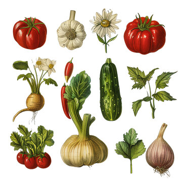 Ancient botanical illustrations with various vegetables  png