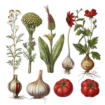 Ancient botanical illustrations with various vegetables  png
