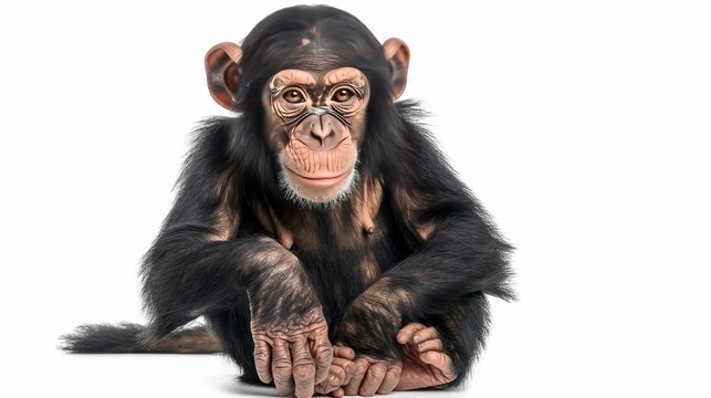 Portrait sitting a young chimpanzee monkey animal isolated white background. AI generated image