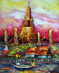 Original painting Oil color thailand temple of dawn , Siam Land of Smiles	