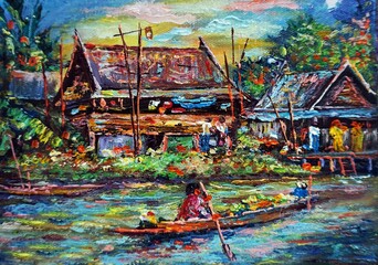 Hand drawn Art painting Oil color Floating market dumnoen saduak from thailand