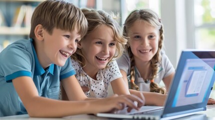 children with laptop or kids playing on computer