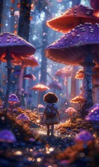 A child in a magical world with giant mushrooms.