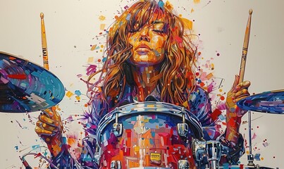 Beautiful girl playing drums on grunge background. Digital painting illustration.