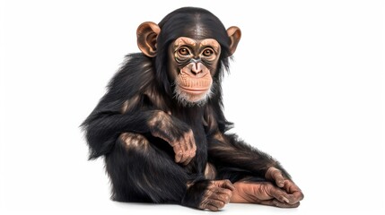 Portrait sitting a young chimpanzee monkey animal isolated white background. AI generated image