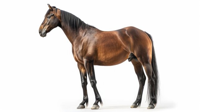 Portrait standing a mixed breed of arabian and spanish horse on white background. AI generated image