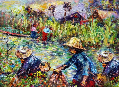 Hand drawn Art painting Oil color  hand fishing  farmer  countryside
