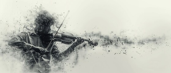 Digital painting of a violinist playing a violin in black and white