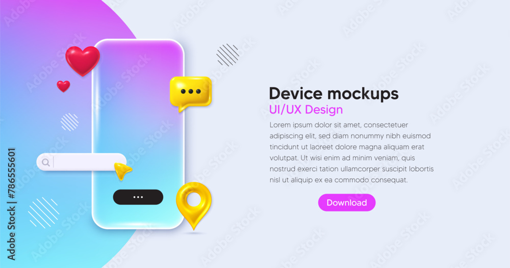 Poster mobile phone social media banner. search bar app interface template. phone 3d mockup with chat speec