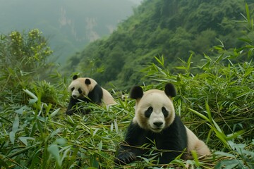 Two panda bears are seated on top of a vibrant green hillside