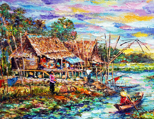 Original Oil painting Fine art Thailand Countryside Siam Land of Smiles	