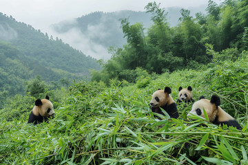 Pandas are sitting on a grassy area surrounded by green mountains