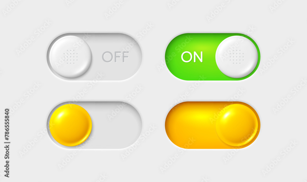 Poster on and off toggle switch buttons. slider switch buttons set. mobile app interface design. toggle mod