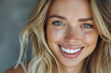 Happy, portrait and woman with skincare for confidence, self love and dermatology treatment. Female person, freckles and pride with healthy skin for natural beauty, cosmetics and identity acceptance